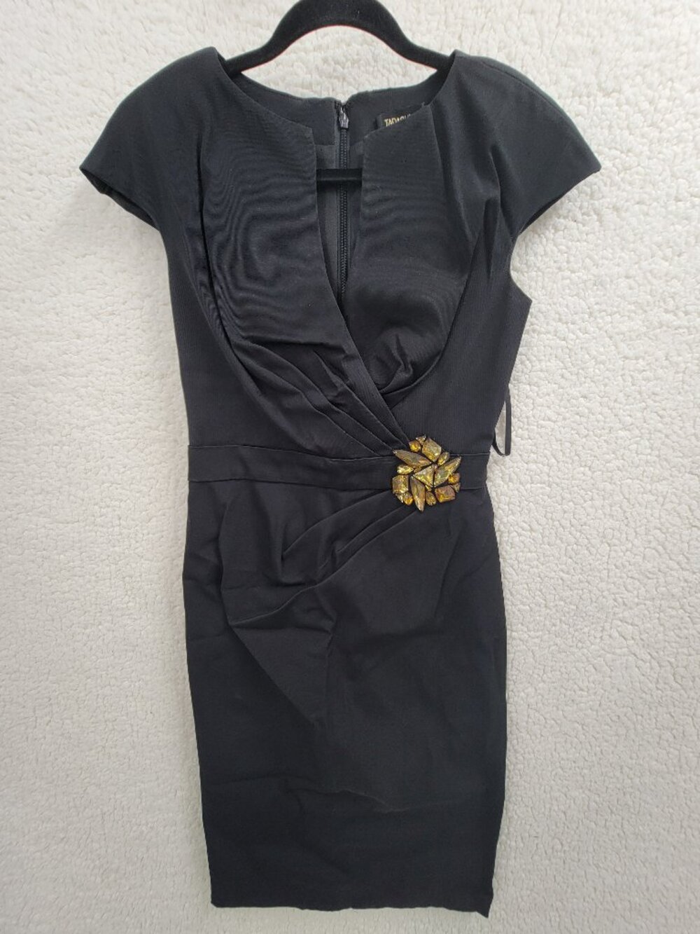 Tadashi Shoji Dress Size 2 Black Faux Wrap Cap Sleeve Embellished Cocktail